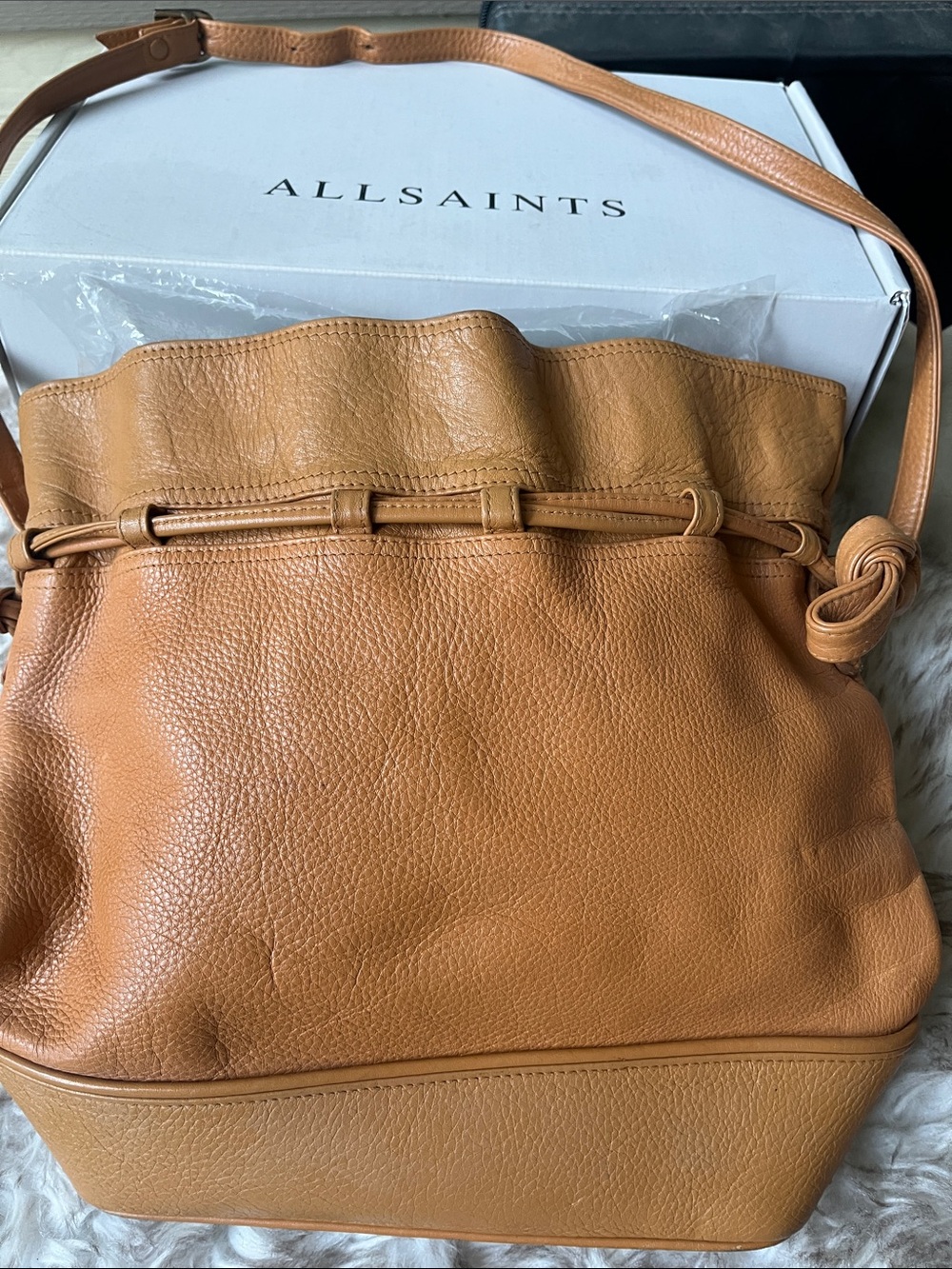 Borelli Tan Pebbled Leather Drawstring Shoulder Bag
